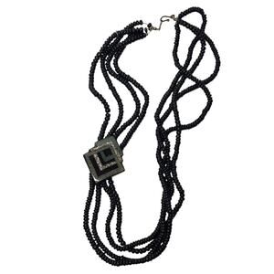 Vintage Art Deco Multi Strand Black Glass Beaded Necklace Geometric Pendant 22”